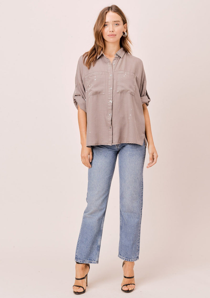 [Color: Mushroom] Lovestitch mushroom short sleeve, tencel, buttondown shirt with roll tab sleeves and paint splatter detail. 