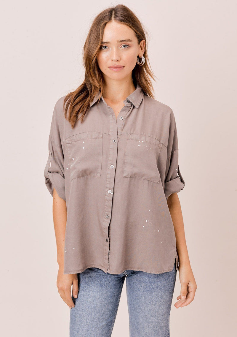 [Color: Mushroom] Lovestitch mushroom short sleeve, tencel, buttondown shirt with roll tab sleeves and paint splatter detail. 