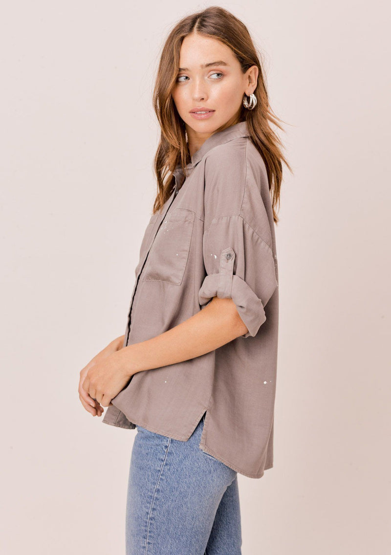 [Color: Mushroom] Lovestitch mushroom short sleeve, tencel, buttondown shirt with roll tab sleeves and paint splatter detail. 