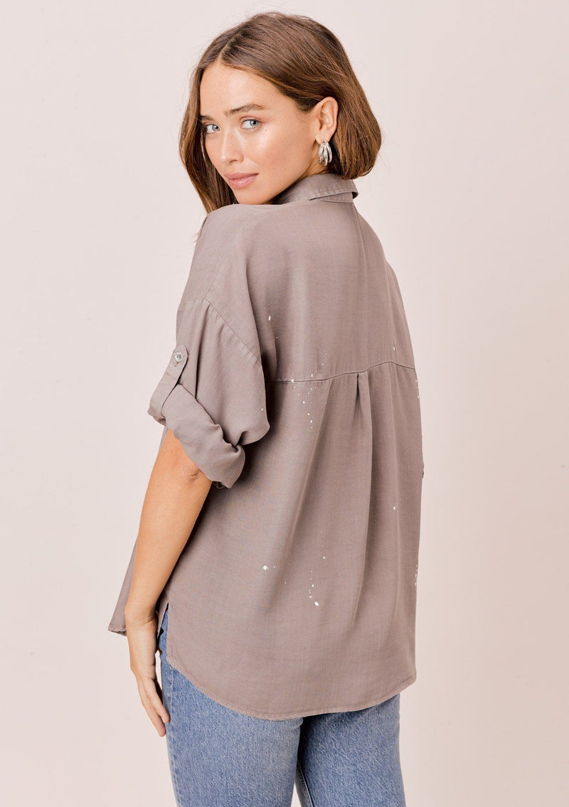 [Color: Mushroom] Lovestitch mushroom short sleeve, tencel, buttondown shirt with roll tab sleeves and paint splatter detail. 