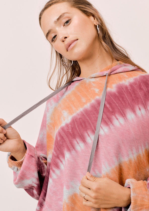[Color: Burgundy/Rose/Spice] Lovestitch Burgundy/Rose/Spice super soft, tie-dye, french terry cropped pullover hoodie with drawstring hood.