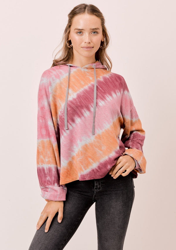 [Color: Burgundy/Rose/Spice] Lovestitch Burgundy/Rose/Spice super soft, tie-dye, french terry cropped pullover hoodie with drawstring hood.