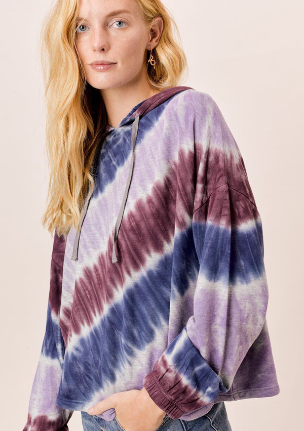 [Color: Navy/Lavender/Burgundy] Lovestitch super soft, tie-dye, french terry cropped pullover hoodie with drawstring hood.