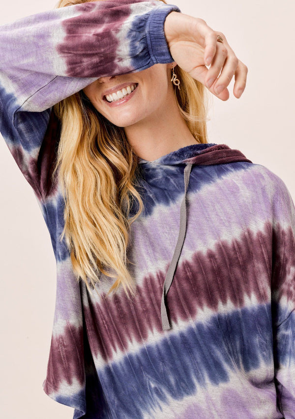 [Color: Navy/Lavender/Burgundy] Lovestitch super soft, tie-dye, french terry cropped pullover hoodie with drawstring hood.