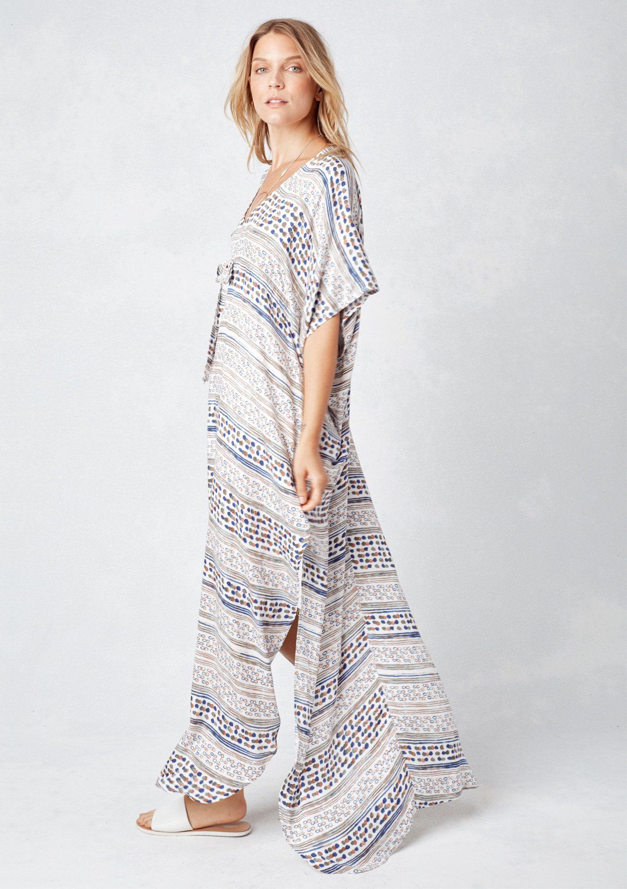 Women's Hippie Ikat Print Cotton Maxi Caftan Dress - Gray Long Summer Sleepwear