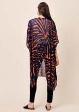 [Color: Midnight/Rust] Lovestitch midnight navy sheer, zebra stripe, flowy kimono.