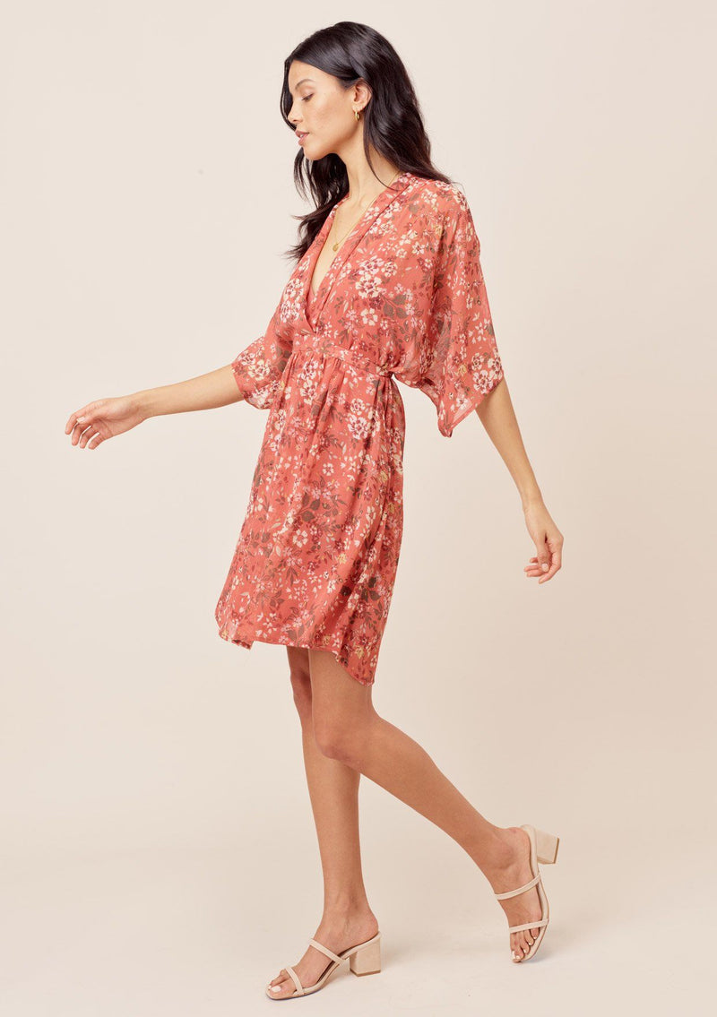 [Color: Canyon/Sand] Lovestitch canyon/sand Floral printed, kimono sleeve mini dress with plunging V-neckline and tie back waist detail. 