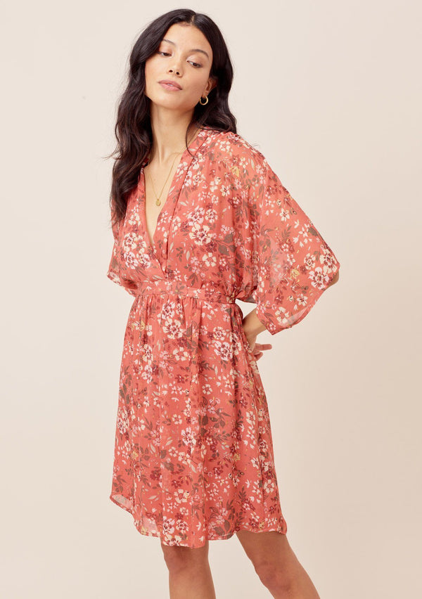 [Color: Canyon/Sand] Lovestitch canyon/sand Floral printed, kimono sleeve mini dress with plunging V-neckline and tie back waist detail. 
