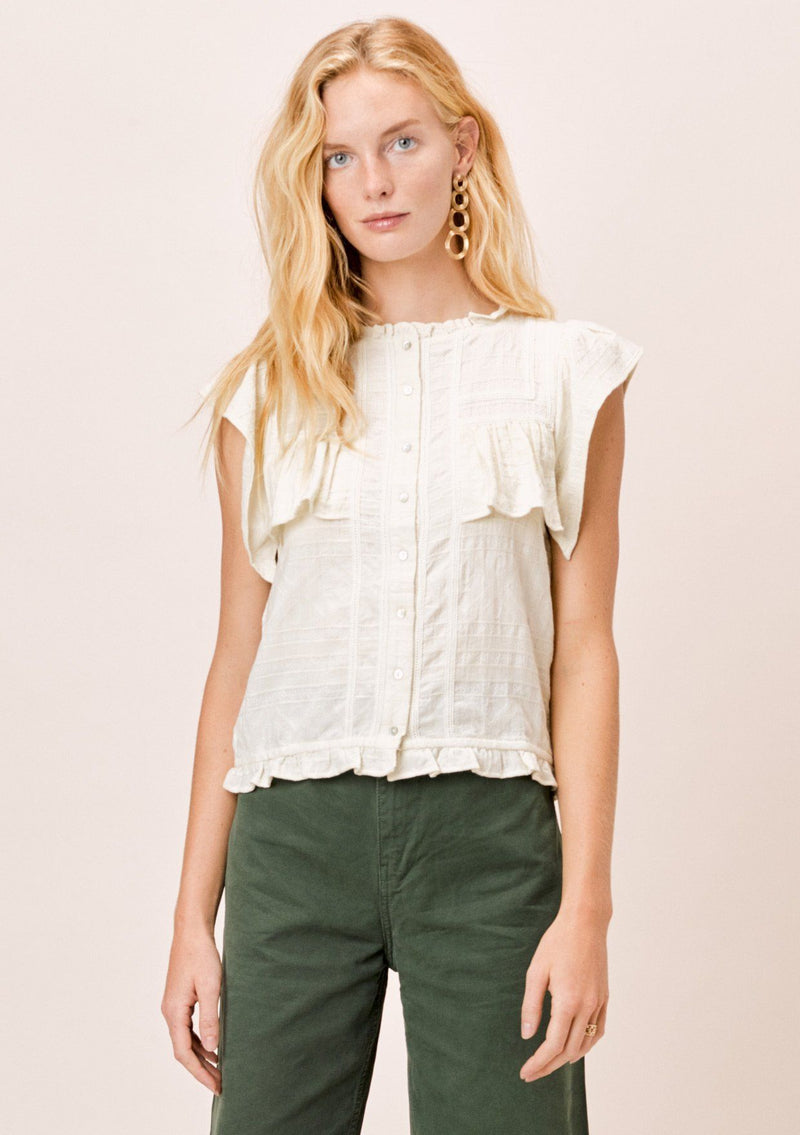 [Color: Vanilla] A pretty bohemian chic top in a multi textured cotton. Featuring delicate lattice trim inserts, a high neckline, and flirty ruffle details throughout.
