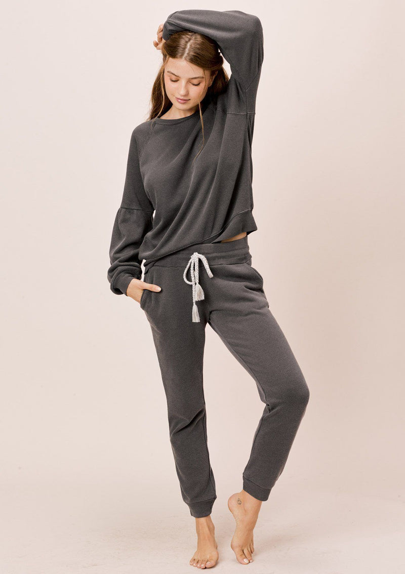 [Color: Charcoal] Lovestitch charcoal grey, pigment dyed sweatshirt with raglan volume sleeve