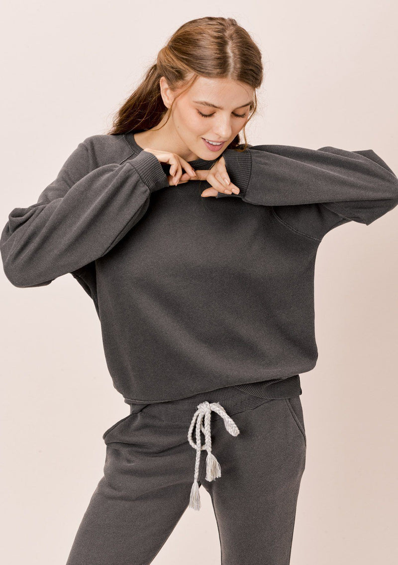 [Color: Charcoal] Lovestitch charcoal grey, pigment dyed sweatshirt with raglan volume sleeve