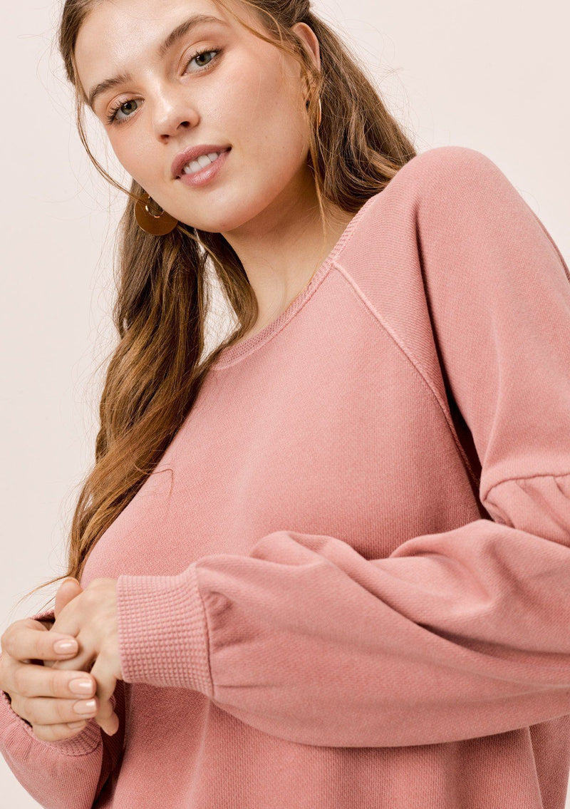 [Color: Dusty Pink] Lovestitch dusty pink, pigment dyed sweatshirt with raglan volume sleeve