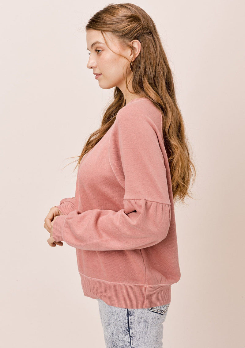 [Color: Dusty Pink] Lovestitch dusty pink, pigment dyed sweatshirt with raglan volume sleeve