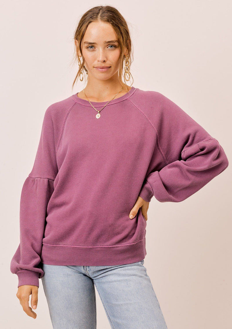 [Color: Burgundy] Lovestitch burgundy purple, pigment dyed sweatshirt with raglan volume sleeve