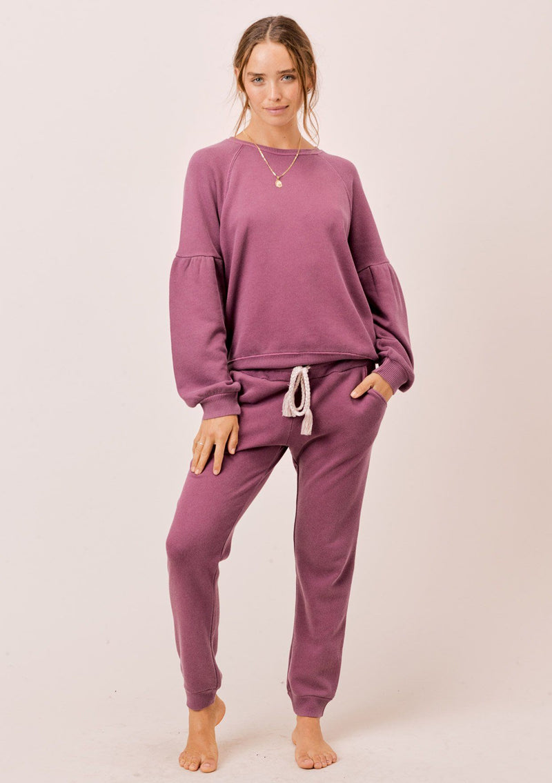 [Color: Burgundy] Lovestitch burgundy purple, pigment dyed sweatshirt with raglan volume sleeve