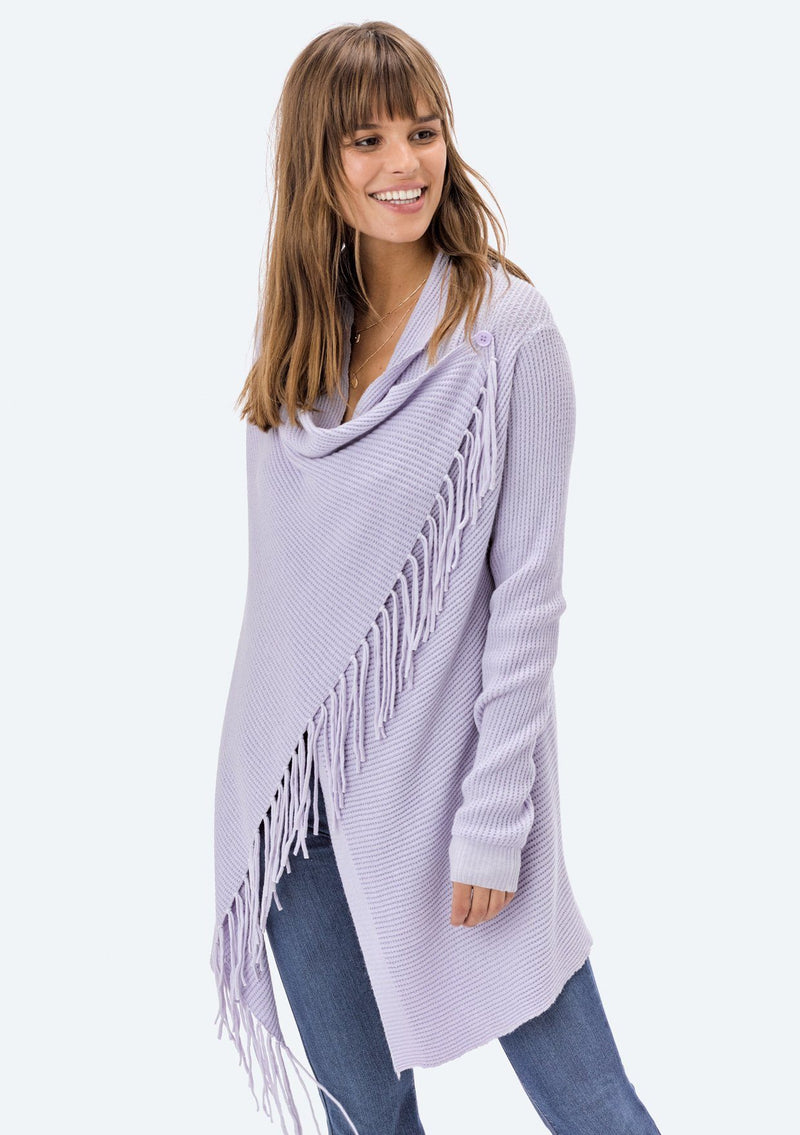 [Color: Lilac Glaze] Lovestitch lilac, waffle knit, wrap sweater with fringe.