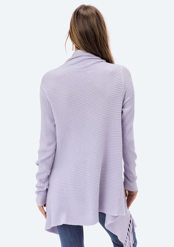 [Color: Lilac Glaze] Lovestitch lilac, waffle knit, wrap sweater with fringe.