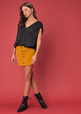 [Color: Black] A washed satin top, featuring a flattering gathered short sleeve detail, a plunging v neckline and gathered details along the back yoke. 