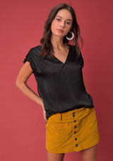 [Color: Black] A washed satin top, featuring a flattering gathered short sleeve detail, a plunging v neckline and gathered details along the back yoke. 
