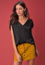 [Color: Black] A washed satin top, featuring a flattering gathered short sleeve detail, a plunging v neckline and gathered details along the back yoke. 