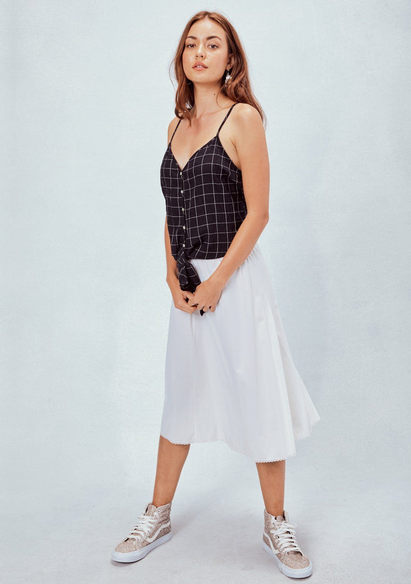 [Color: Black] Lovestitch windowpane plaid, chic button down tank top with tie at waist.