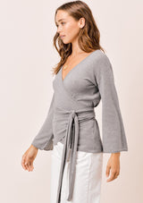 [Color: Heather Ash] Lovestitch ash grey super soft, bell sleeve, wrap knit top.