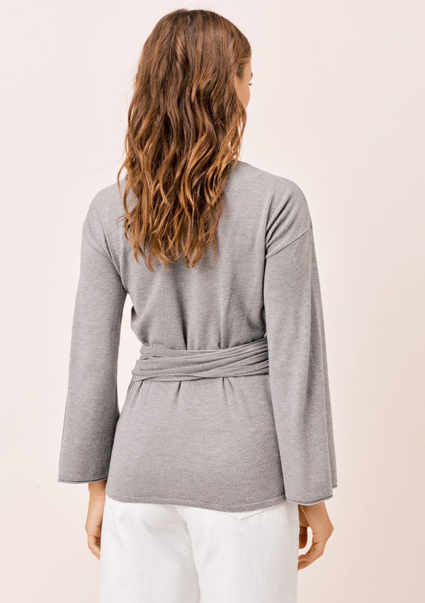 [Color: Heather Ash] Lovestitch ash grey super soft, bell sleeve, wrap knit top.