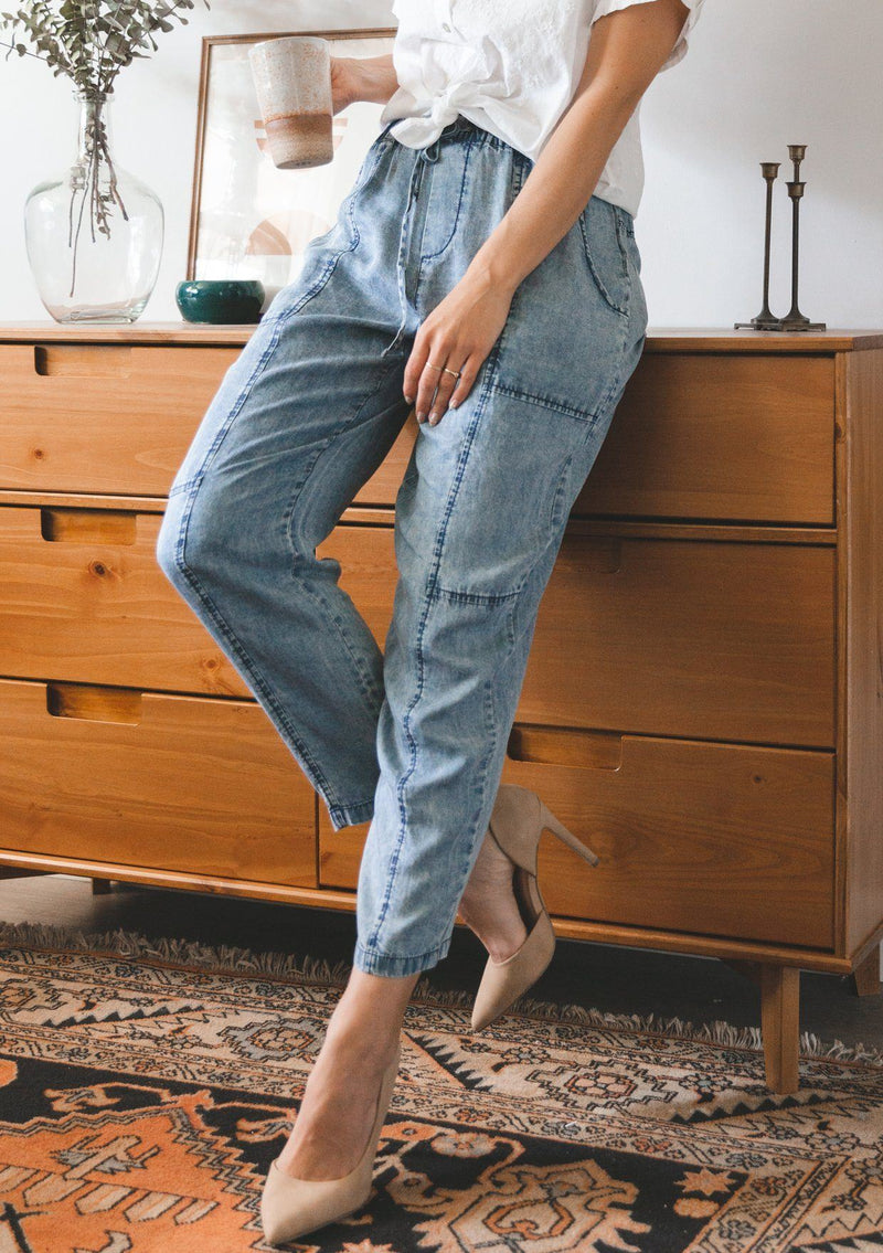 [Color: Acid Indigo] Lovestitch acid indigo wash jogger pant with seamed detail and elastic drawstring waist.