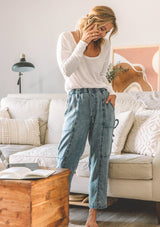 [Color: Acid Indigo] Lovestitch acid indigo wash jogger pant with seamed detail and elastic drawstring waist.