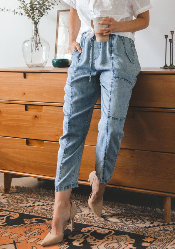 [Color: Acid Indigo] Lovestitch acid indigo wash jogger pant with seamed detail and elastic drawstring waist.