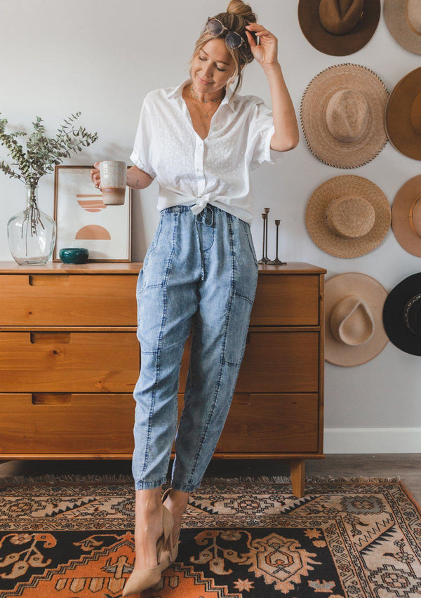 [Color: Acid Indigo] Lovestitch acid indigo wash jogger pant with seamed detail and elastic drawstring waist.