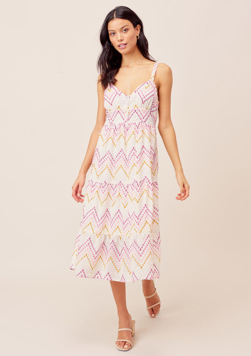 [Color: white/Rose] Lovestitch white/rose Vintage style, chevron striped midi dress with tiered, full skirt and buttoned top detail.