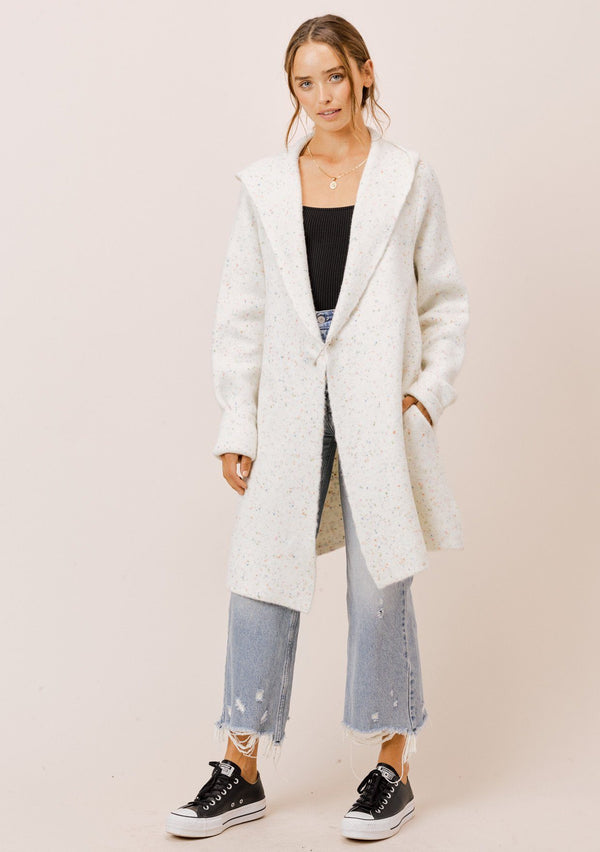 [Color: White Confetti] Lovestitch white confetti knit, oversized open coatigan with hood