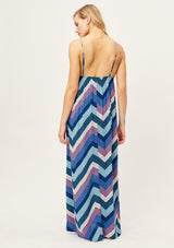 [Color: Blue/Pink/Purple] Slimming chevron striped cool blue tone maxi dress with flattering empire waist, deep V-neckline and adjustable spaghetti straps. Adorable and attention getting summertime maxi dress