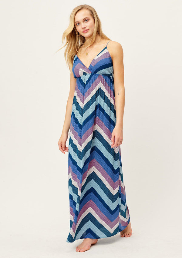 [Color: Blue/Pink/Purple] Slimming chevron striped cool blue tone maxi dress with flattering empire waist, deep V-neckline and adjustable spaghetti straps
