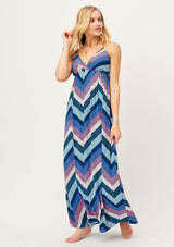 [Color: Blue/Pink/Purple] Slimming chevron striped cool blue tone maxi dress with flattering empire waist, deep V-neckline and adjustable spaghetti straps. Adorable and attention getting summertime maxi dress