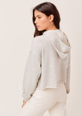 [Color: Heather Grey] Lovestitch Embroidered, French terry cropped hoodie with raw edge and contrast rib cuffs. 