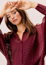 [Color: Wine/Gold] Lovestitch wine/gold Foil chiffon, dolman sleeve, buttondown blouse.