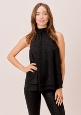 [Color: Black] Lovestitch black floral jacquard chiffon, sleeveless swing top with neck tie.