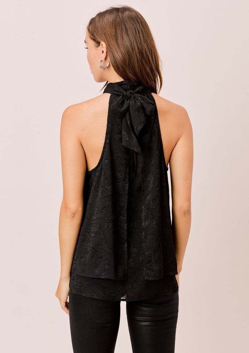[Color: Black] Lovestitch black floral jacquard chiffon, sleeveless swing top with neck tie.