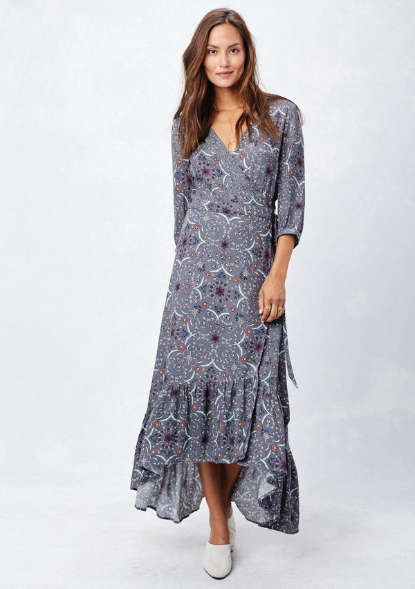 [Color: Grey] Beautiful bohemian style wrap dress with mini floral print.