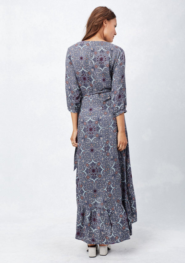 [Color: Grey] Beautiful bohemian style wrap dress with mini floral print.
