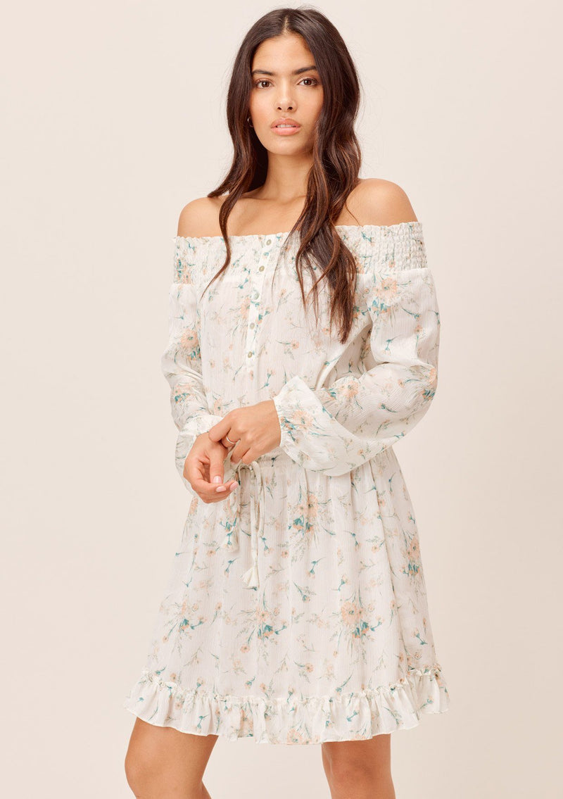 [Color: Ivory/Peach] Lovestitch ivory/peach Floral printed, long sleeve, off-the-shoulder mini dress with tie waist detail. 
