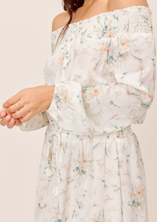 [Color: Ivory/Peach] Lovestitch ivory/peach Floral printed, long sleeve, off-the-shoulder mini dress with tie waist detail. 