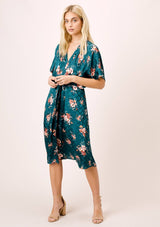 [Color: Teal/Rose] Lovestitch teal/rose watercolor rose printed, dolman midi dress with tie front.