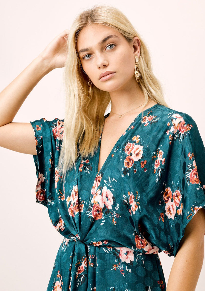[Color: Teal/Rose] Lovestitch teal/rose watercolor rose printed, dolman midi dress with tie front.