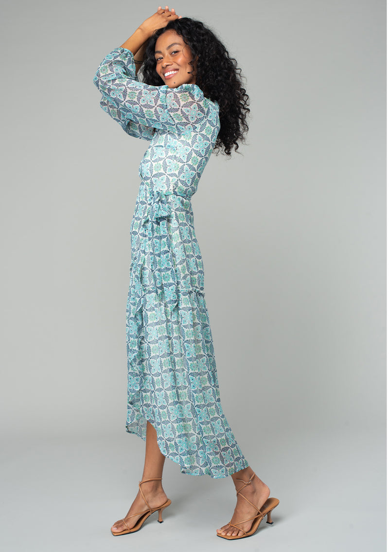 Women's Blue & Cream Floral Chiffon Maxi Wrap Dress