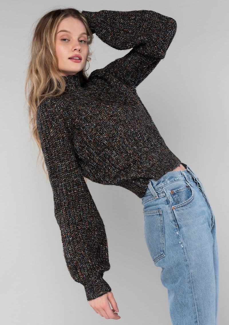 [Color: Black Multi] A half body side facing image of a blonde model wearing a chunky multi color knit sweater with a mock neckline and long voluminous sleeves. 
