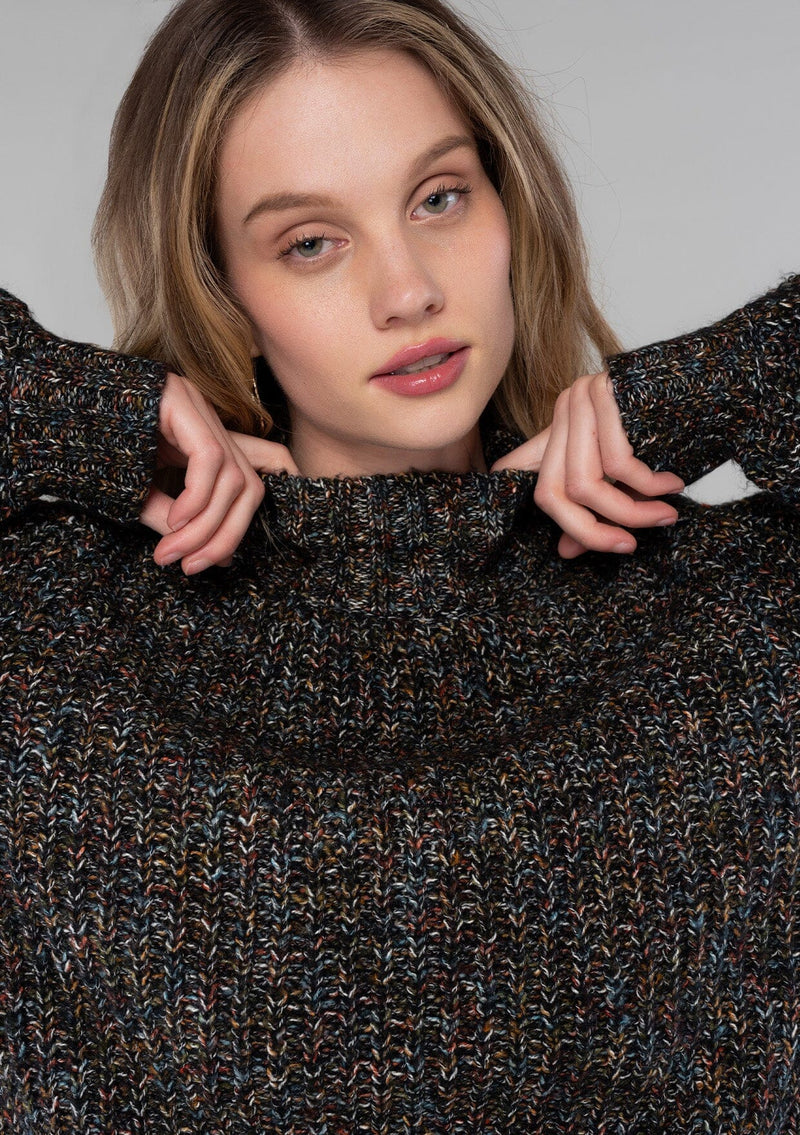 [Color: Black Multi] A close up front facing image of a blonde model wearing a chunky multi color knit sweater with a mock neckline and long voluminous sleeves. 