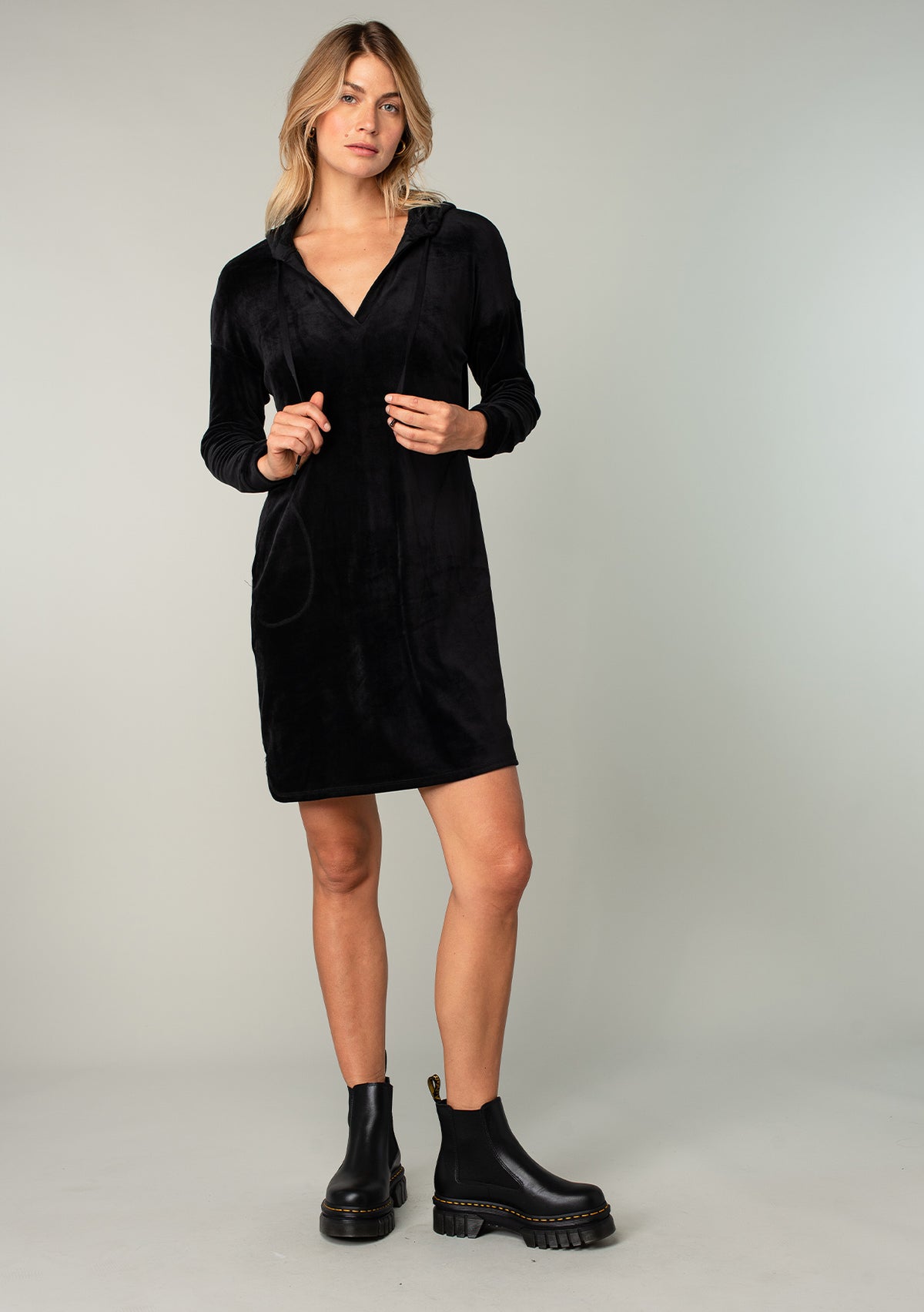 Casual Black Velour Hoodie Dress | LOVESTITCH